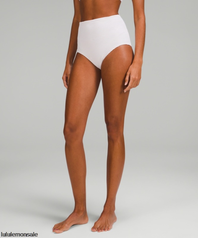 Lululemon Damen DELULU507 | Gesmokte Badehose Hohe Taille Weiß Rosa Bliss